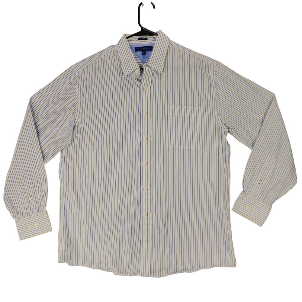 Tommy Hilfiger Button Up Shirt L 16.5 34-35 Men Slim Fit White Blue Green Stripe